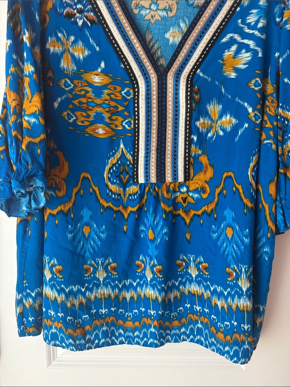 Cato Blue and Mustard Short Sleeve Blouse - Picture 7 of 11